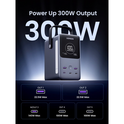 Externí baterie UGREEN PB770, 48000mAh, 300W, QC + PD, 2 x USB-A - 3 x USB-C, Šedá, Znovu zabalená