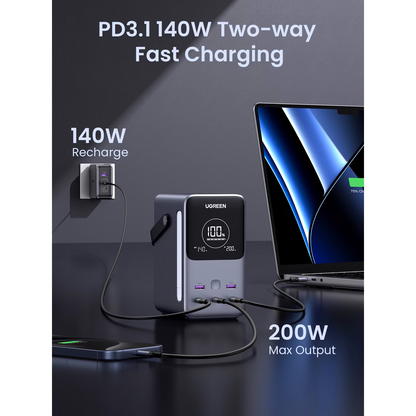 Externí baterie UGREEN PB770, 48000mAh, 300W, QC + PD, 2 x USB-A - 3 x USB-C, Šedá, Znovu zabalená