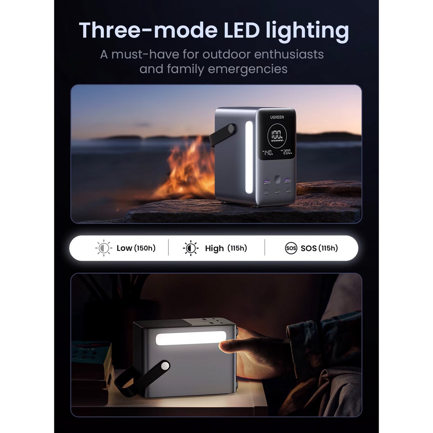 Externí baterie UGREEN PB770, 48000mAh, 300W, QC + PD, 2 x USB-A - 3 x USB-C, Šedá, Znovu zabalená
