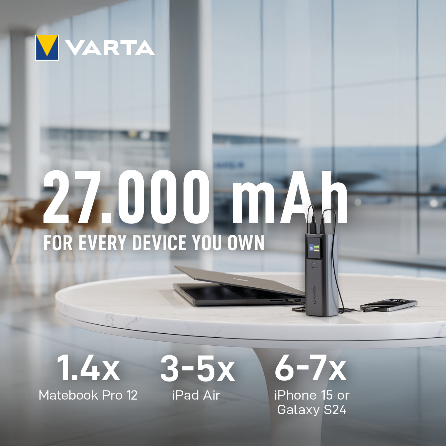 Varta High Speed External Battery, 27000mAh, 140W, QC + PD, 1 x USB-A - 2 x USB-C, Black