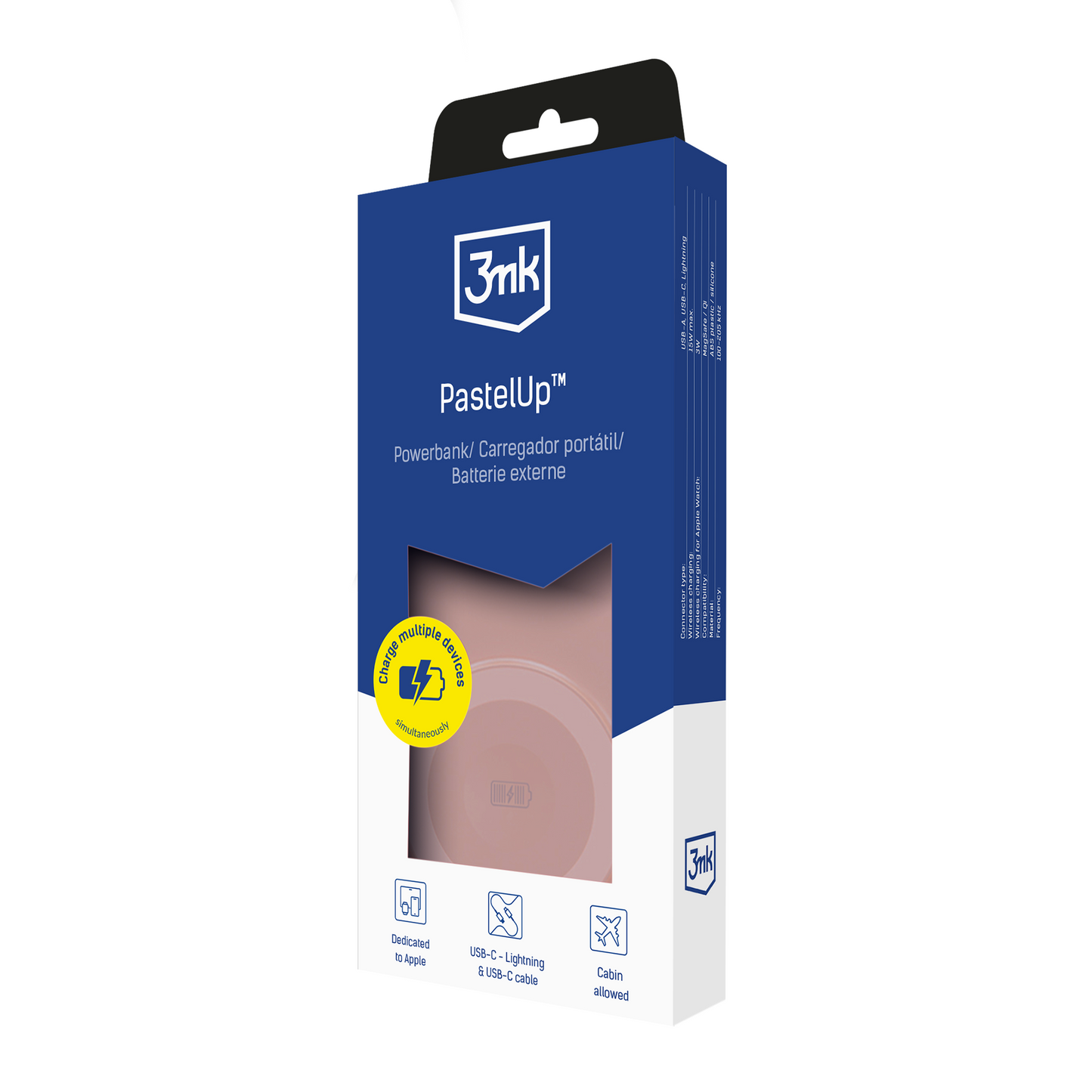 Externí bezdrátová baterie 3MK PastelUp, 10000mAh, 22.5W, QC + PD + FQI, 1 x USB-A - 1 x USB-C - 2 x QI, Růžová