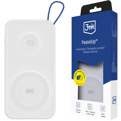 Externí bezdrátová baterie 3MK PastelUp, 10000mAh, 22.5W, QC + PD + FQI, 1 x USB-A - 1 x USB-C - 2 x QI, Bílá