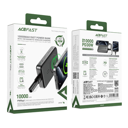 Bezdrátová externí baterie Acefast M10, 10000mAh, 30W, PD + FQI, 1 x QI - 2 x USB-C, Černá