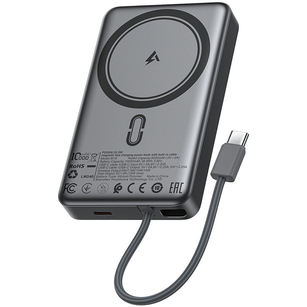 Bezdrátová externí baterie Acefast M18, 10000mAh, 22.5W, PD + FQI, 1 x QI - 2 x USB-C, černá.