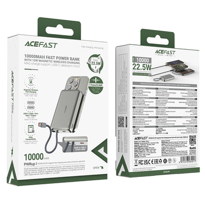 Bezdrátová externí baterie Acefast M18, 10000mAh, 22.5W, PD + FQI, 1 x QI - 2 x USB-C, černá.