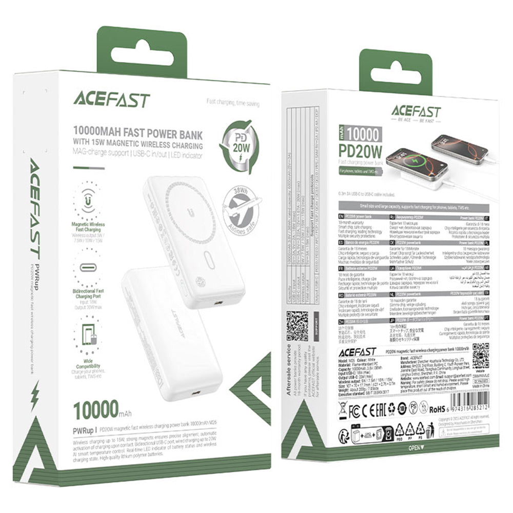 Acefast M26 Wireless External Battery, 10000mAh, 20W, PD + FQI, 1 x QI - 1 x USB-C, White