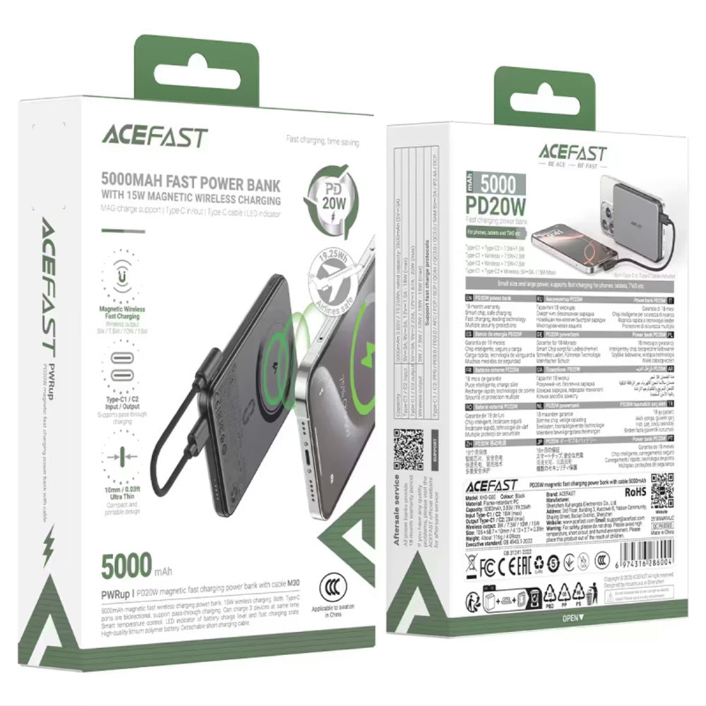 Bezdrátová externí baterie Acefast M30, 5000mAh, 20W, PD + FQI, 1 x QI - 2 x USB-C, černá
