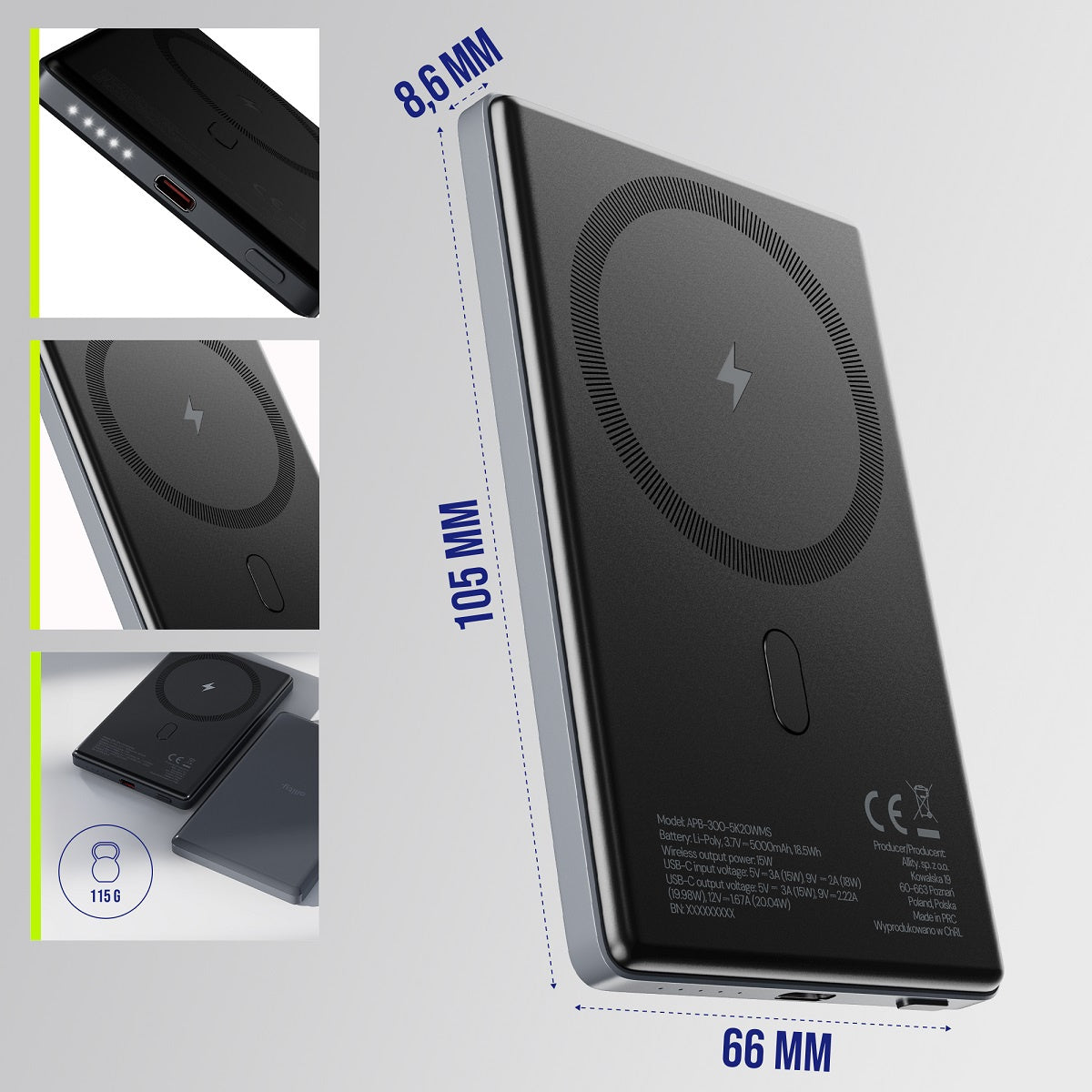 Bezdrátová externí baterie Allity. APB-300, 5000mAh, 20W, PD + QC, 1 x QI - 1 x USB-C, šedá