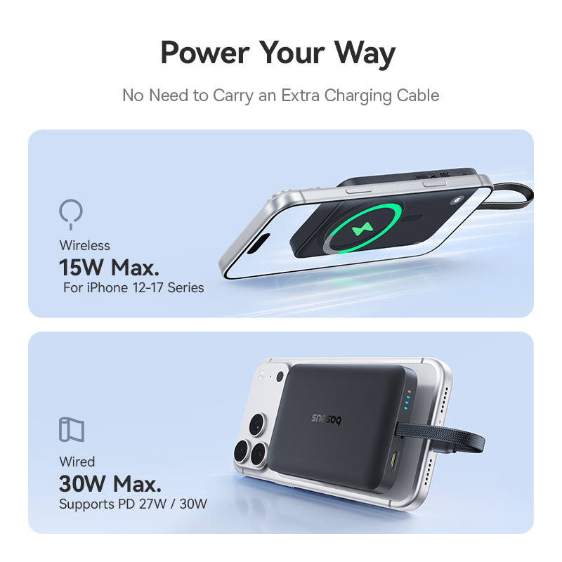 Bezdrátová powerbanka Baseus EnerFill FM11, 10 000 mAh, 30 W, PD + FQI, 1× QI – 2× USB-C, černá E0028904