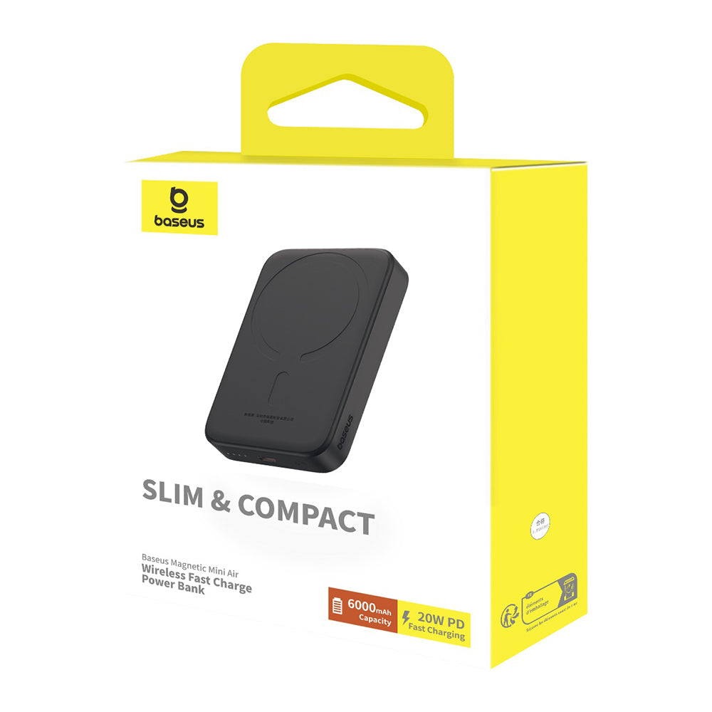 Bezdrátová externí baterie Baseus Mini Air, 6000mAh, 20W, PD + FQI, 1 x QI - 1 x USB-C, černá P10059002113-00