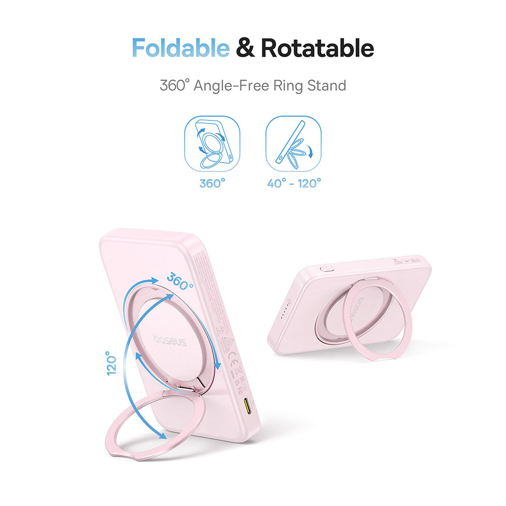 Bezdrátová externí baterie Baseus PicoGo, 5000mAh, 20W, PD + FQI, 1 x QI - 1 x USB-C, Růžová P10076800413-00