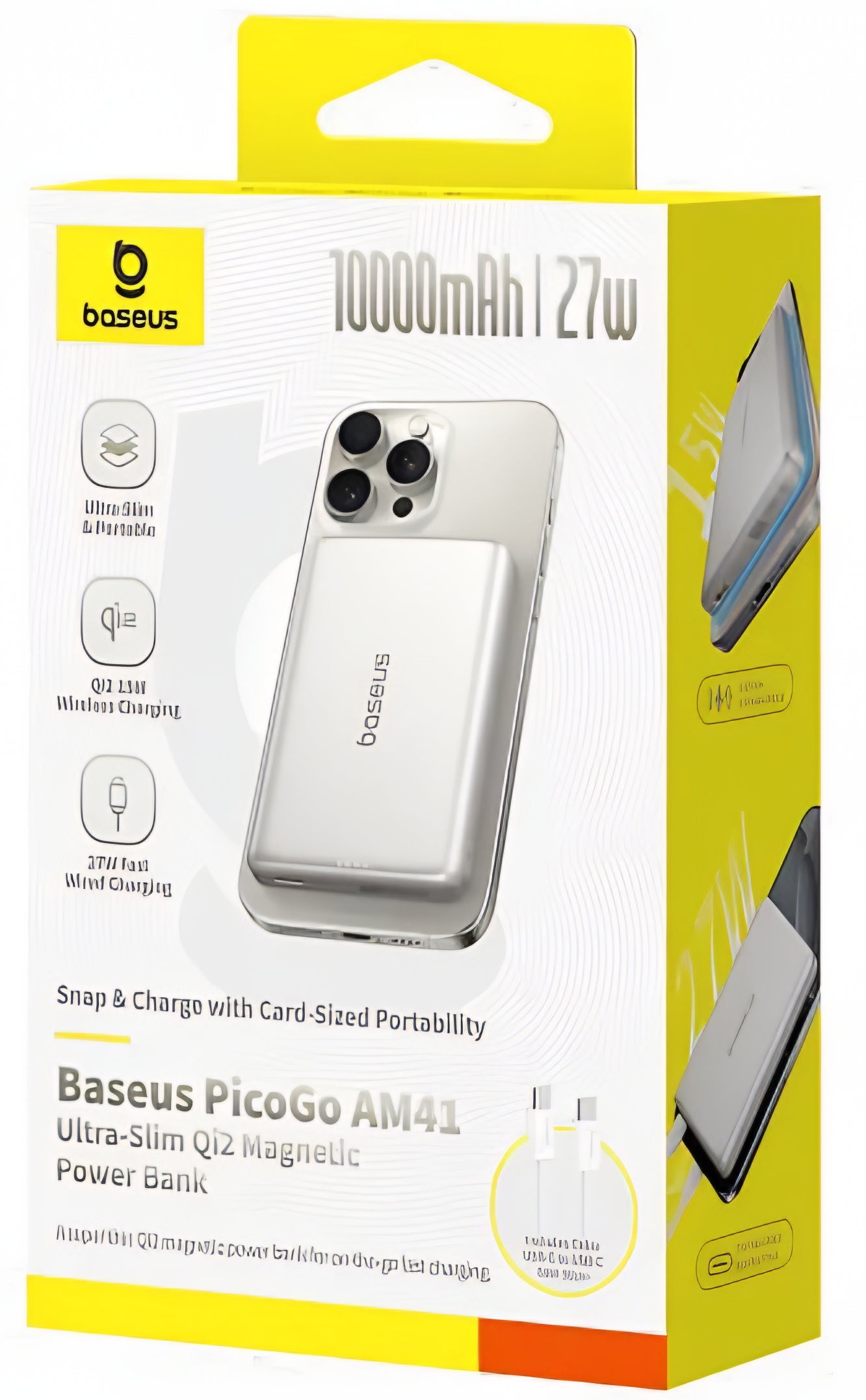Bezdrátová externí baterie Baseus PicoGo AM41, 10000mAh, 27W, PD + FQI, 1 x QI - 1 x USB-C, béžová E0027203