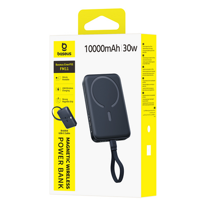 Bezdrátová powerbanka Baseus EnerFill FM11, 10 000 mAh, 30 W, PD + FQI, 1× QI – 2× USB-C, černá E0028904