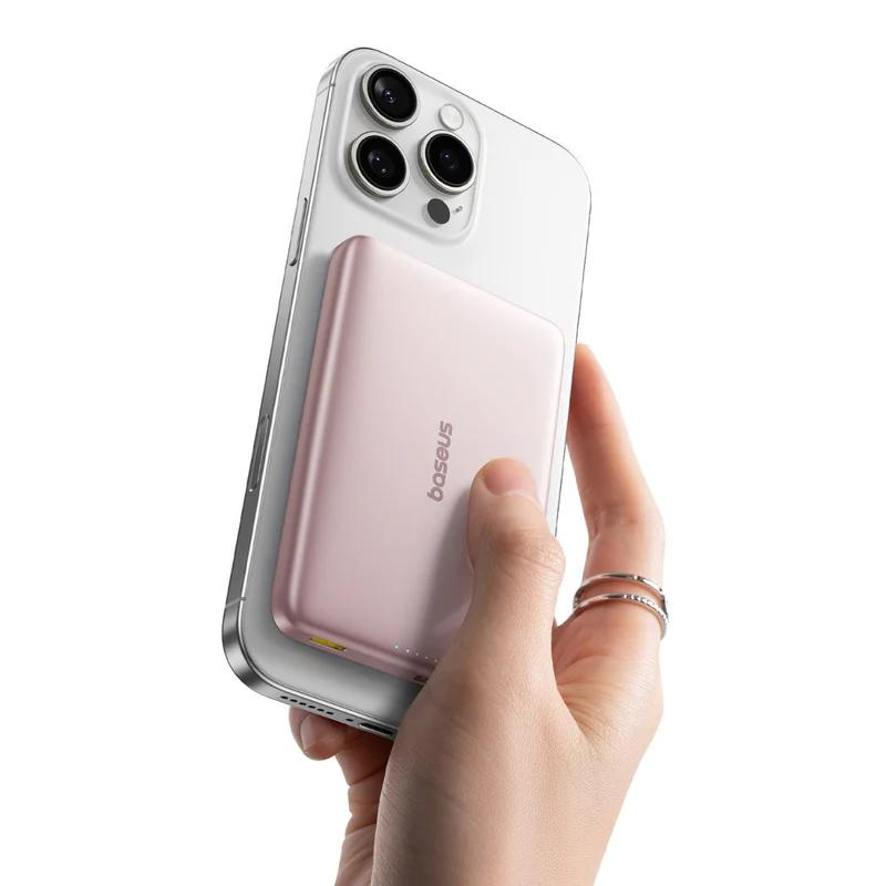 Externí bezdrátová baterie Baseus PicoGo AM41, 10000mAh, 27W, PD + FQI, 1 x QI - 1 x USB-C, Růžová E0027202