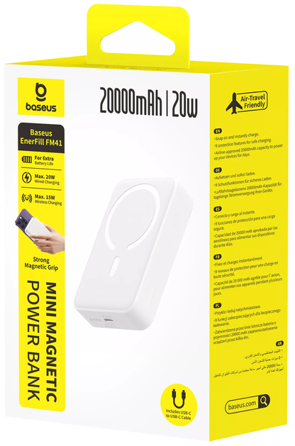 Bezdrátová externí baterie Baseus EnerFill FM41 Mini, 20000mAh, 20W, PD + FQI, 1 x QI - 1 x USB-C, bílá E0027U01