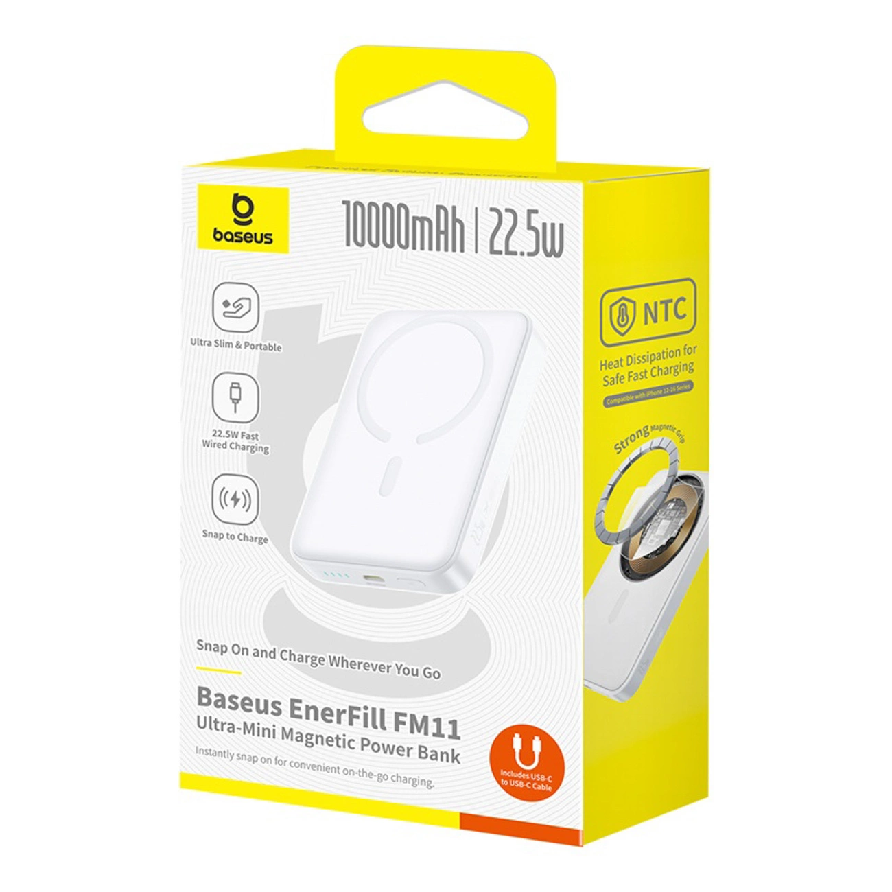 Externí bezdrátová baterie Baseus EnerFill FM11 Ultra-Mini, 10000mAh, 22.5W, PD + FQI, 1 x QI - 1 x USB-C, Bílá P1008210E213-00