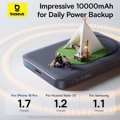 Bezdrátová externí baterie Baseus EnerFill FM11 Ultra-Mini, 10000mAh, 22.5W, PD + FQI, 1 x QI - 1 x USB-C, šedá E0026602