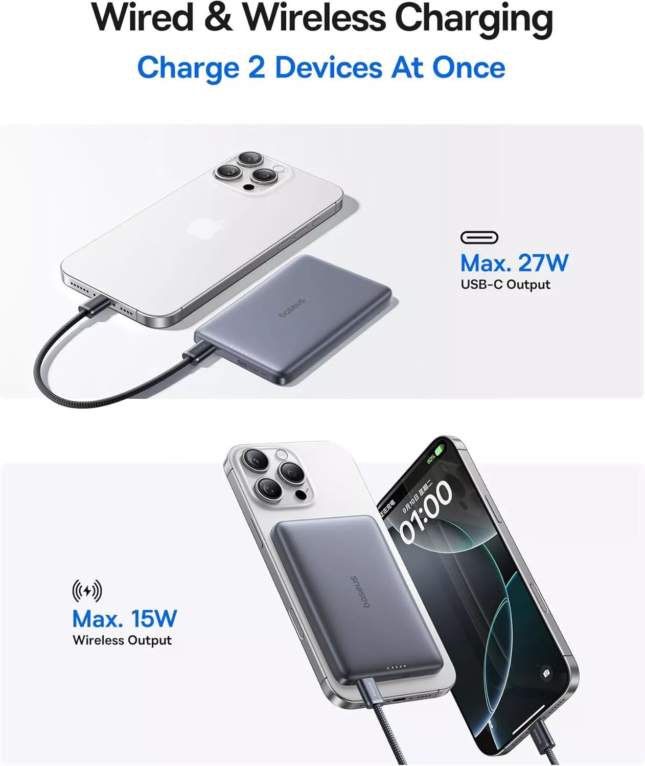 Externí bezdrátová baterie Baseus PicoGo AM41, 10000mAh, 27W, PD + FQI, 1 x QI - 1 x USB-C, šedá E0027200