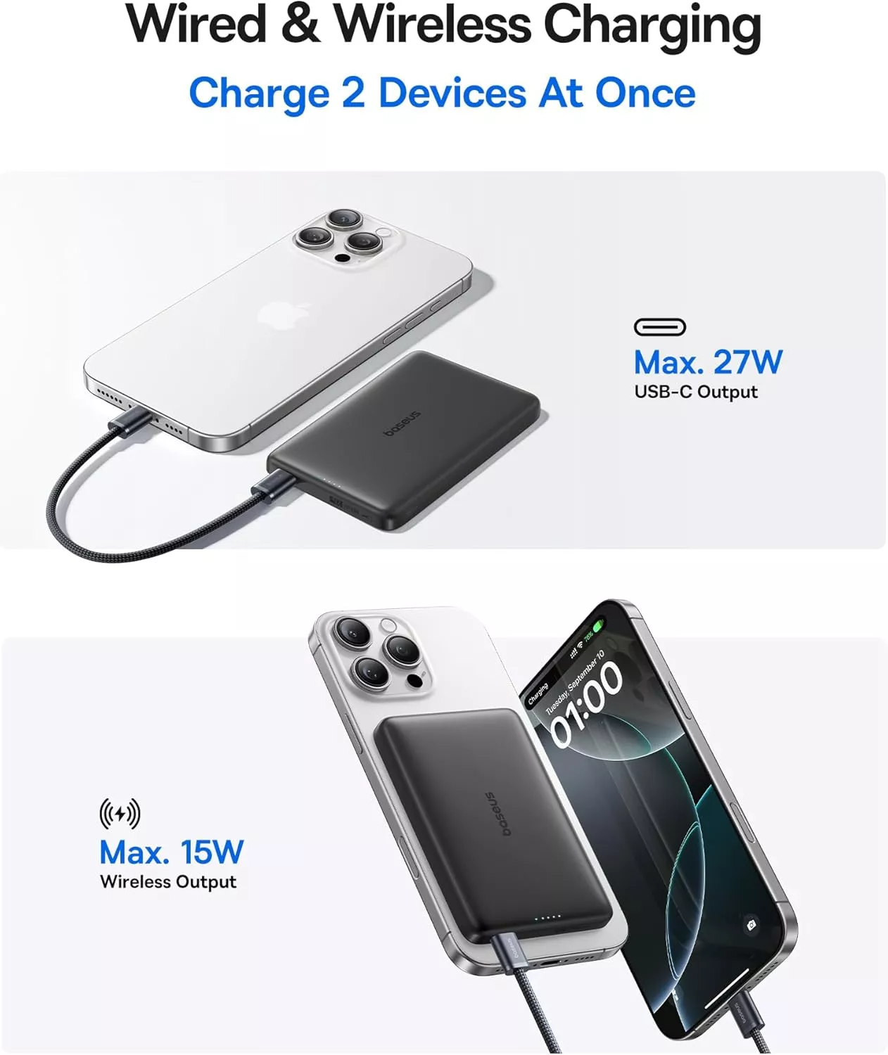 Bezdrátová externí baterie Baseus PicoGo AM41, 10000mAh, 27W, PD + FQI, 1 x QI - 1 x USB-C, Černá E0027201