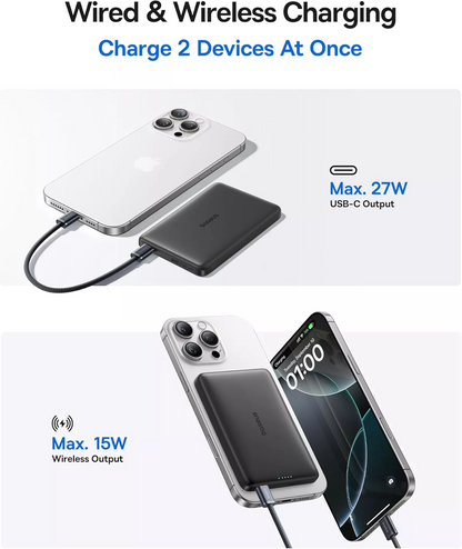 Bezdrátová externí baterie Baseus PicoGo AM41, 10000mAh, 27W, PD + FQI, 1 x QI - 1 x USB-C, Černá E0027201