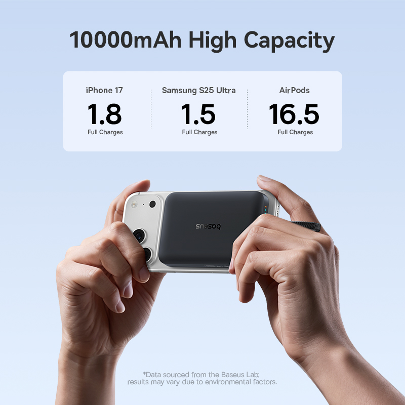 Bezdrátová powerbanka Baseus EnerFill FM11, 10 000 mAh, 30 W, PD + FQI, 1× QI – 2× USB-C, černá E0028904
