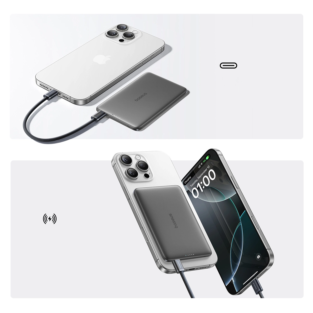 Bezdrátová externí baterie Baseus PicoGo AM41, 5000mAh, 20W, PD + FQI, 1 x QI - 1 x USB-C, Černá