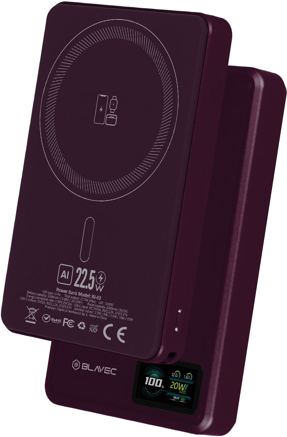 Bezdrátová powerbanka Blavec BJ-03 Slim, 10000 mAh, 22,5 W, PD + FQI, 1× QI – 1× USB-C, fialová