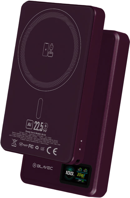 Bezdrátová powerbanka Blavec BJ-03 Slim, 10000 mAh, 22,5 W, PD + FQI, 1× QI – 1× USB-C, fialová