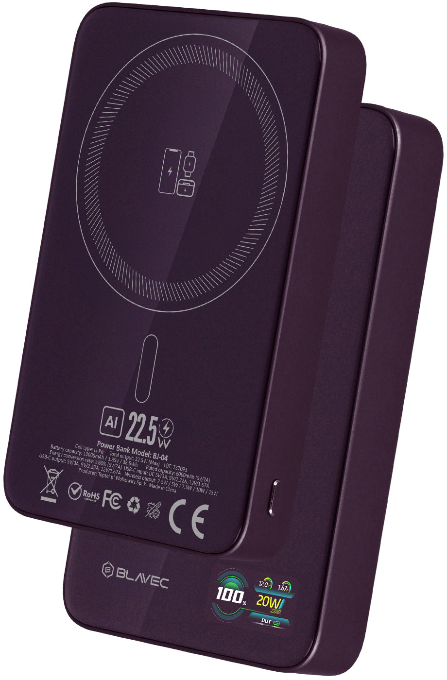 Bezdrátová powerbanka Blavec BJ-04 Slim, 10000 mAh, 22,5 W, PD + FQI, 1× QI – 1× USB-C, fialová