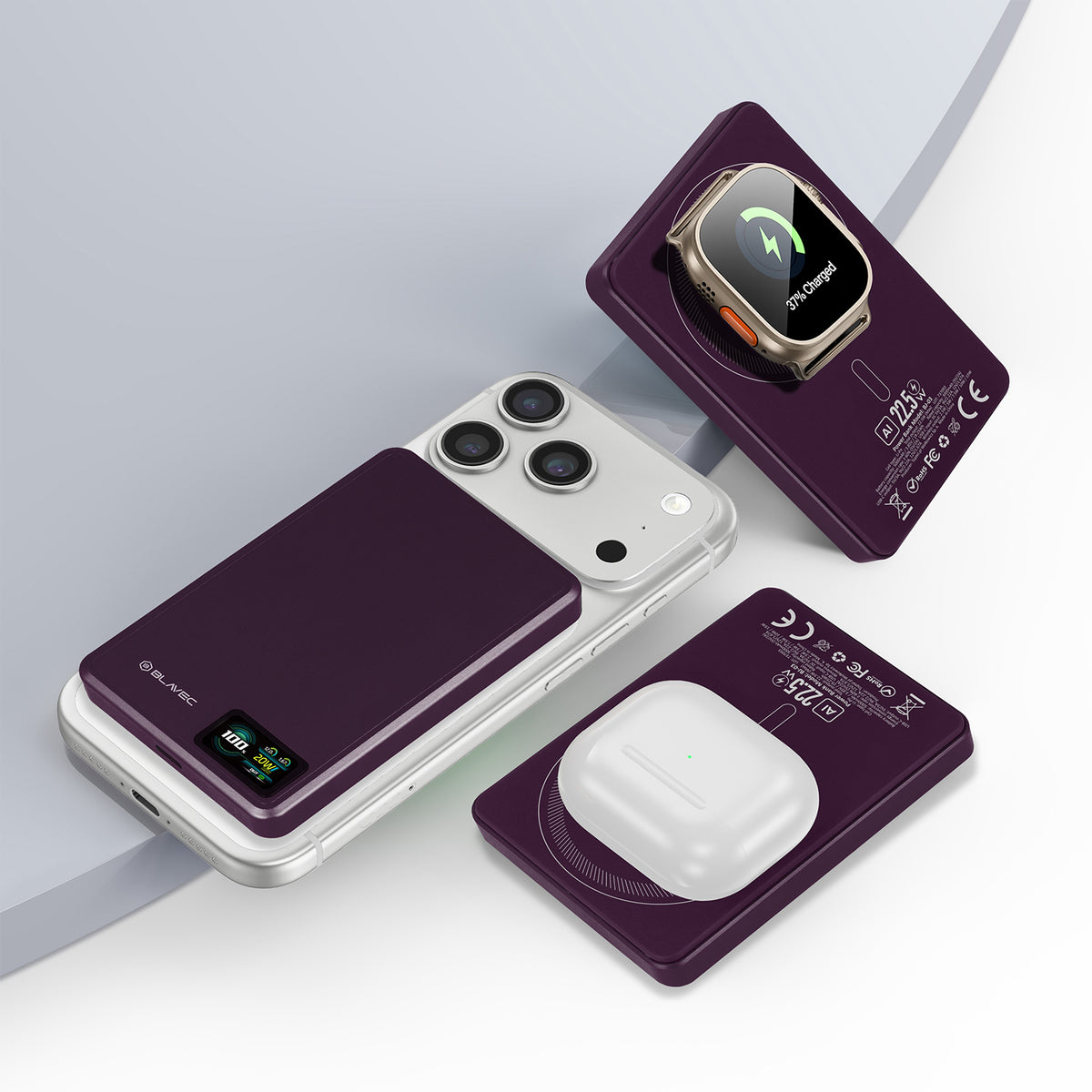 Bezdrátová powerbanka Blavec BJ-03 Slim, 10000 mAh, 22,5 W, PD + FQI, 1× QI – 1× USB-C, fialová