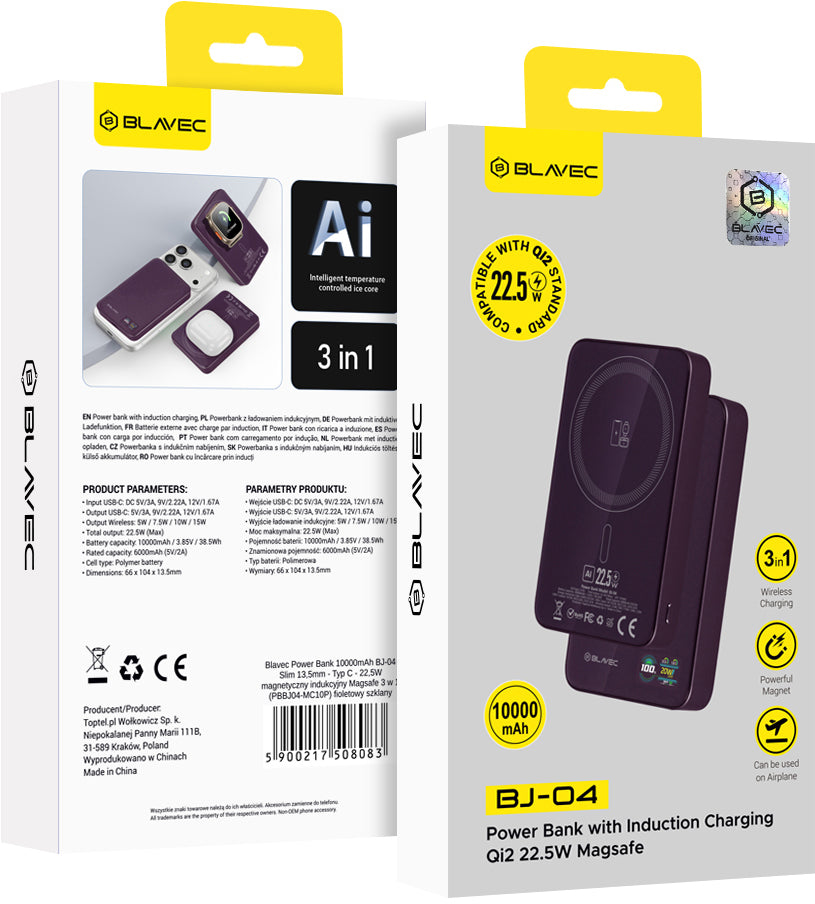 Bezdrátová powerbanka Blavec BJ-04 Slim, 10000 mAh, 22,5 W, PD + FQI, 1× QI – 1× USB-C, fialová