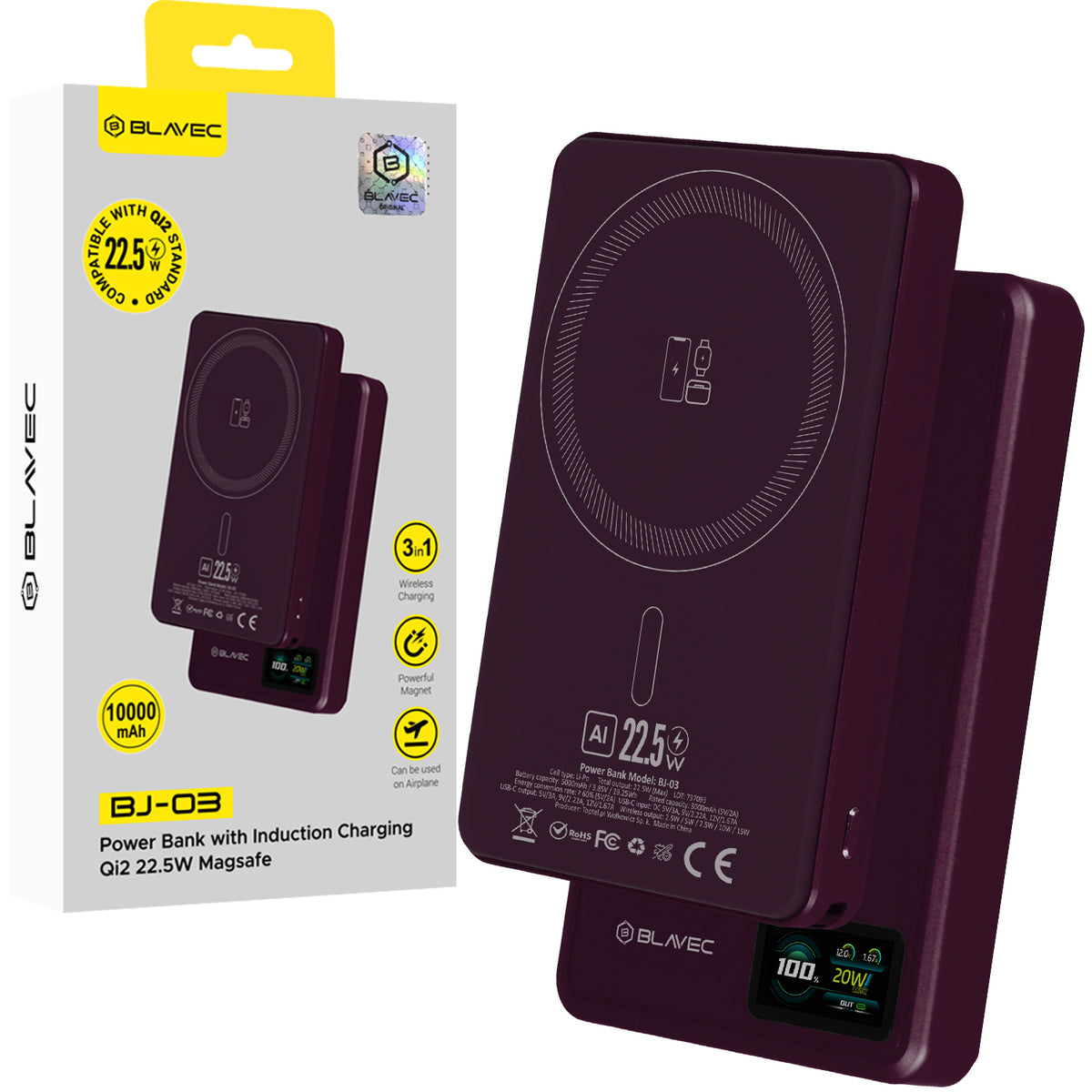 Bezdrátová powerbanka Blavec BJ-03 Slim, 10000 mAh, 22,5 W, PD + FQI, 1× QI – 1× USB-C, fialová