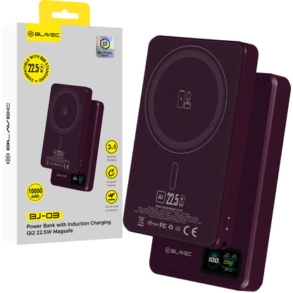 Bezdrátová powerbanka Blavec BJ-03 Slim, 10000 mAh, 22,5 W, PD + FQI, 1× QI – 1× USB-C, fialová