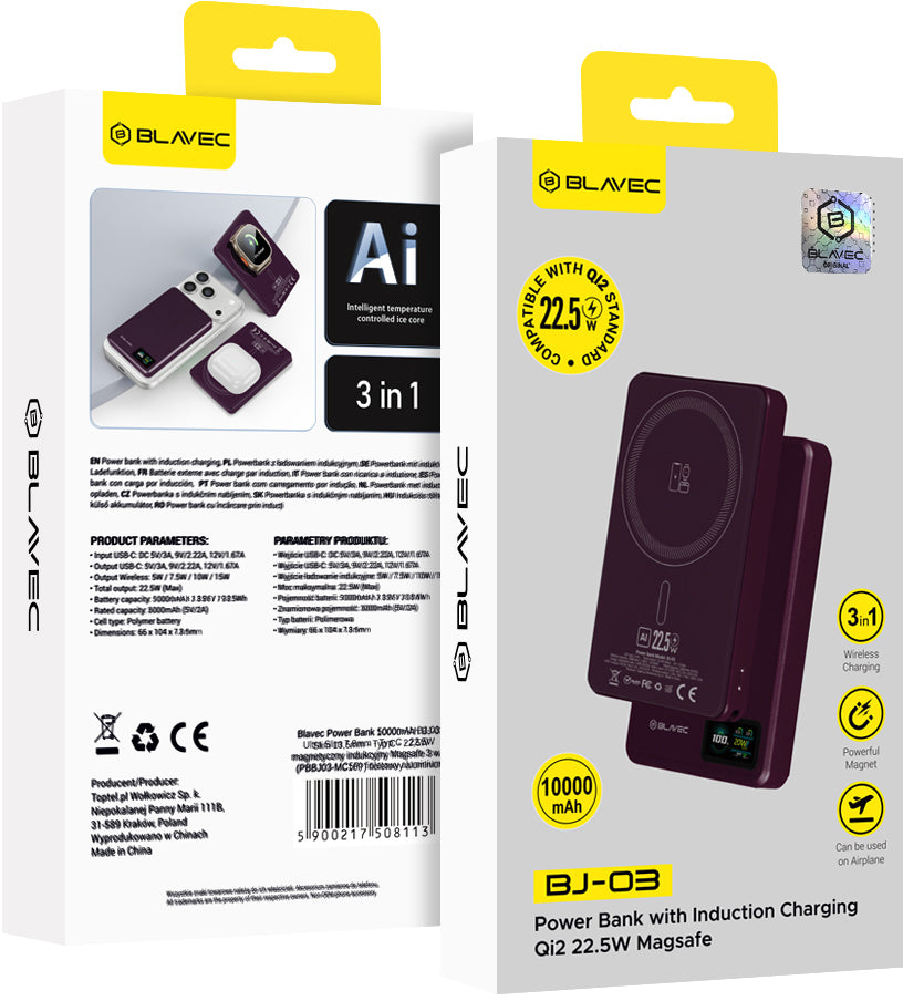 Bezdrátová powerbanka Blavec BJ-03 Slim, 10000 mAh, 22,5 W, PD + FQI, 1× QI – 1× USB-C, fialová