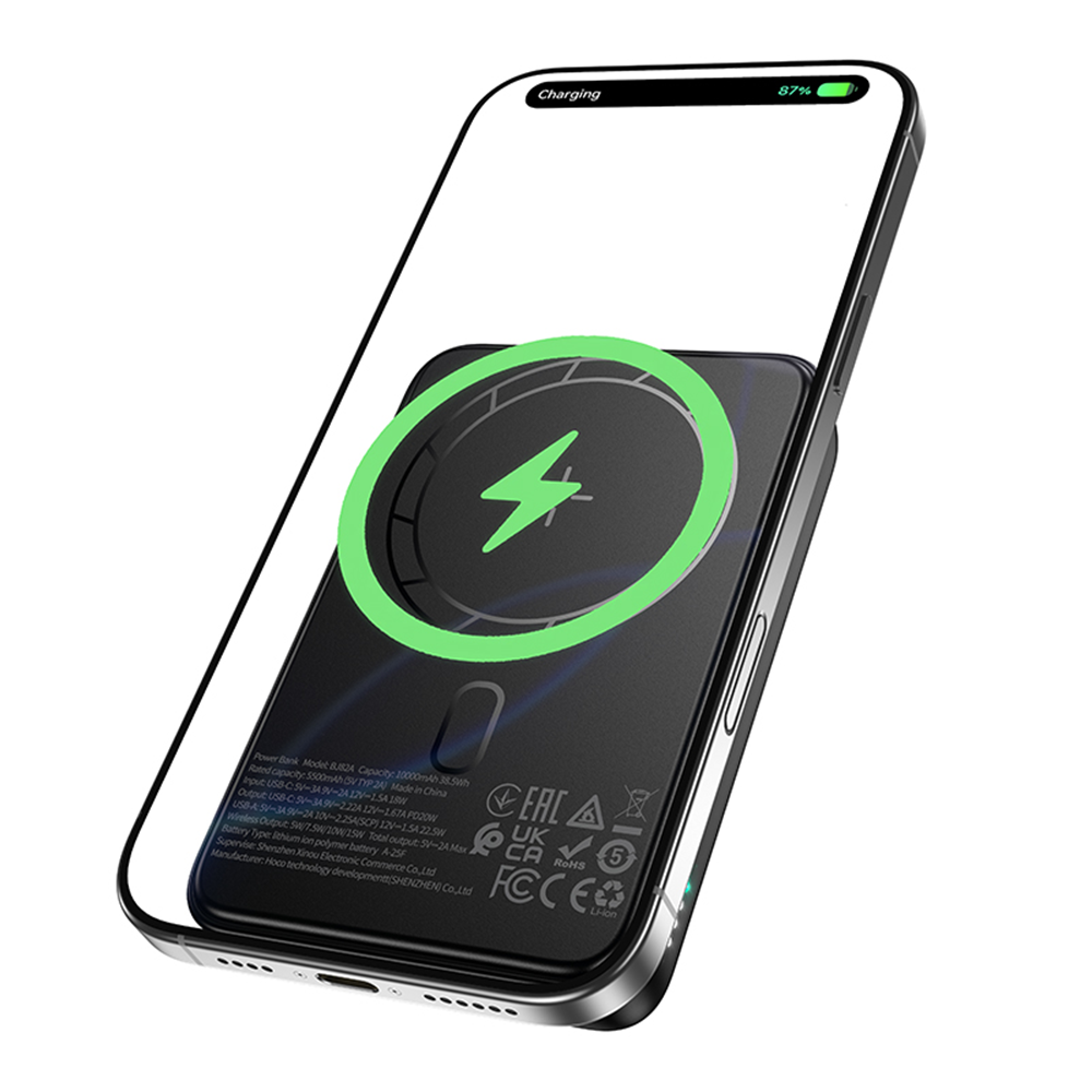 Bezdrátová externí baterie Borofone BJ82A Dawn, 10000mAh, 22.5W, QC + PD + FQI, 1 x QI - 1 x USB-A - 1 x USB-C, Černá