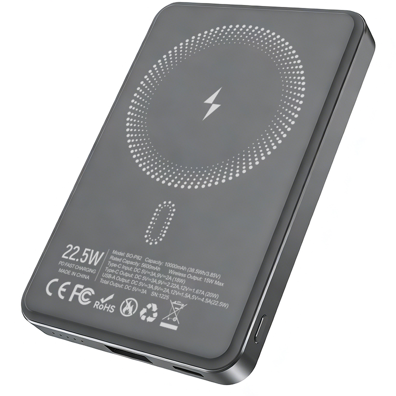 Bezdrátová externí baterie BWOO BO-P82, 10000mAh, 22,5W, PD + FQI, 1 x QI - 1 x USB-C, šedá