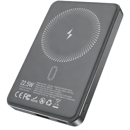 Bezdrátová externí baterie BWOO BO-P82, 10000mAh, 22,5W, PD + FQI, 1 x QI - 1 x USB-C, šedá
