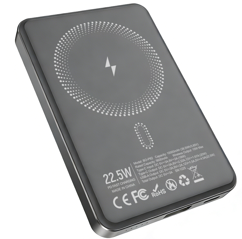 Bezdrátová externí baterie BWOO BO-P82, 10000mAh, 22,5W, PD + FQI, 1 x QI - 1 x USB-C, šedá