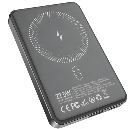Bezdrátová externí baterie BWOO BO-P82, 10000mAh, 22,5W, PD + FQI, 1 x QI - 1 x USB-C, šedá