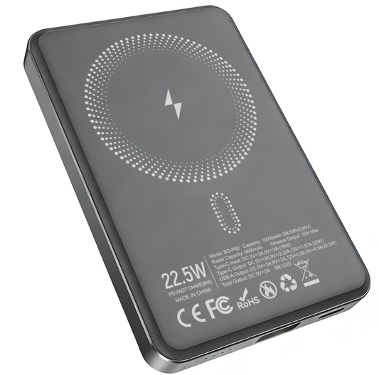 Bezdrátová externí baterie BWOO BO-P82, 10000mAh, 22,5W, PD + FQI, 1 x QI - 1 x USB-C, šedá