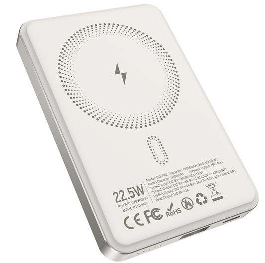 Bezdrátová externí baterie BWOO BO-P82, 10000mAh, 22,5W, PD + FQI, 1 x QI - 1 x USB-C, bílá
