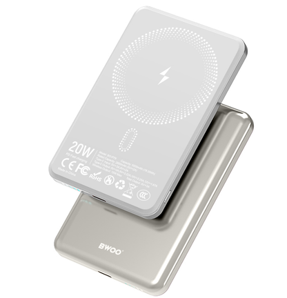 Bezdrátová externí baterie BWOO P79, 5000mAh, 20W, PD + FQI, 1 x QI - 1 x USB-C, Šedá