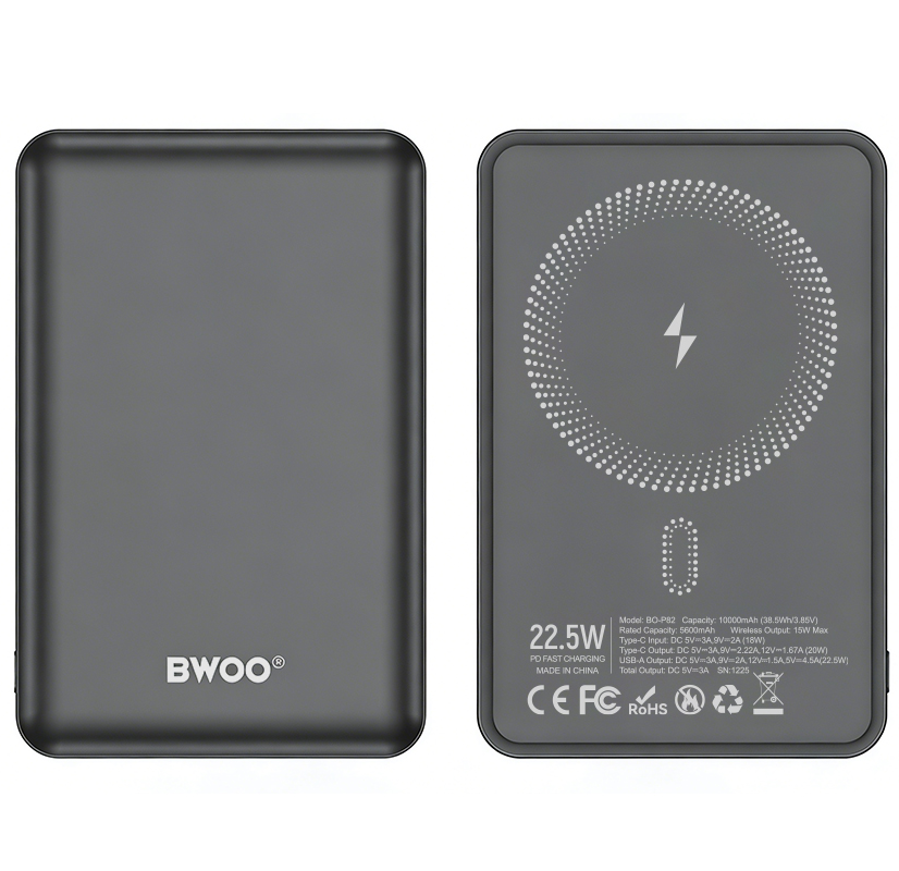 Bezdrátová externí baterie BWOO BO-P82, 10000mAh, 22,5W, PD + FQI, 1 x QI - 1 x USB-C, šedá