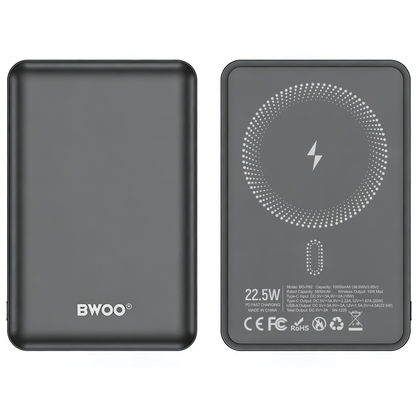 Bezdrátová externí baterie BWOO BO-P82, 10000mAh, 22,5W, PD + FQI, 1 x QI - 1 x USB-C, šedá