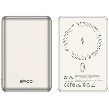 Wireless External Battery BWOO BO-P82, 10000mAh, 22.5W, PD + FQI, 1 x QI - 1 x USB-C, White