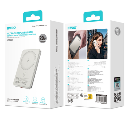 Bezdrátová externí baterie BWOO P79, 5000mAh, 20W, PD + FQI, 1 x QI - 1 x USB-C, Šedá