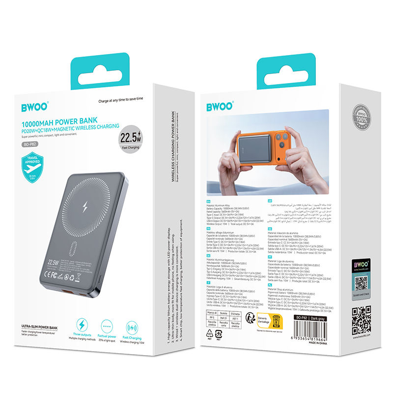 Bezdrátová externí baterie BWOO BO-P82, 10000mAh, 22,5W, PD + FQI, 1 x QI - 1 x USB-C, šedá