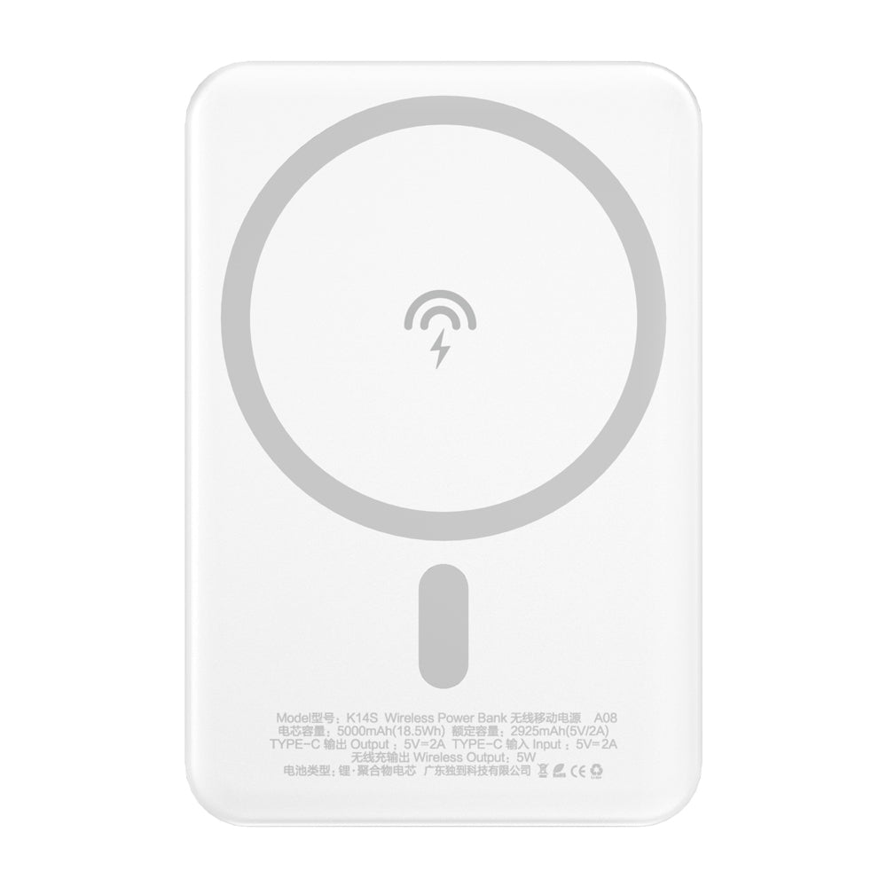 Externí bezdrátová baterie Dudao K14S, 5000mAh, 10W, PD + QI, 1 x QI - 1 x USB-C, Bílá