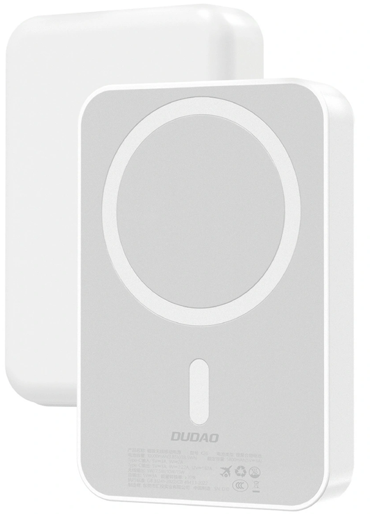 Bezdrátová externí baterie Dudao K26, 10000mAh, 20W, PD + FQI, 1 x QI - 1 x USB-C, Bílá