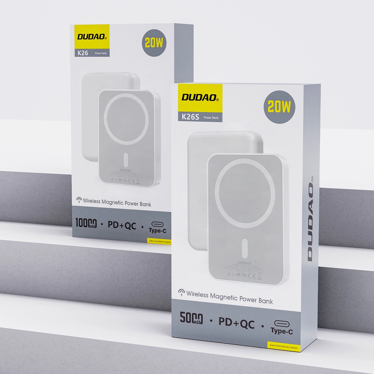 Bezdrátová externí baterie Dudao K26s, 5000mAh, 20W, PD + FQI, 1 x QI - 1 x USB-C, Bílá